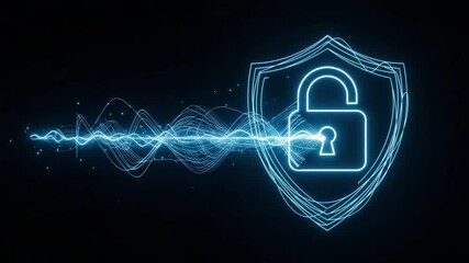 Glowing neon padlock and shield with digital wave and particles motion animated video. - Powered by Adobe