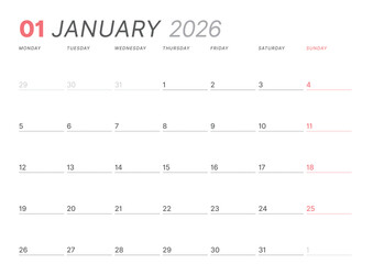 January 2026 monthly planner calendar template. Clean, minimalist vector illustration for web, print. Modern, simple schedule organizer, printable datebook page for business and personal use