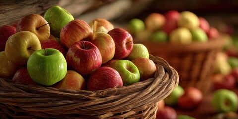 Rustic Basket of Freshly Picked Red, Green, and Yellow Apples