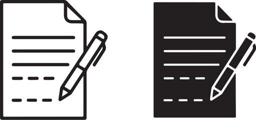 Document with lines and dashes and a pen icon in outline and solid black paper contract on transparent background