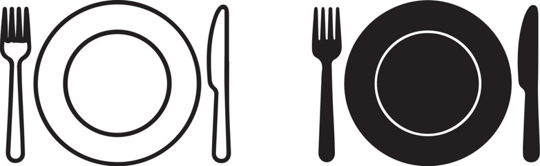 Plate Fork and Knife Icon Outline and Silhouette on White Background cutlery dining on transparent background