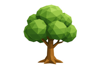 Geometric low poly tree with green canopy and brown trunk on white background