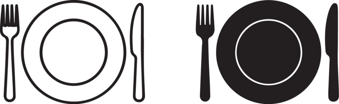 Plate Fork and Knife Icon Outline and Silhouette on White Background cutlery dining on transparent background