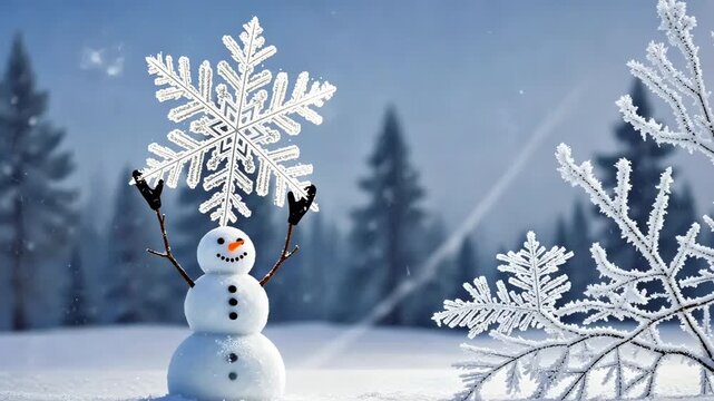 Snowman holding giant delicate snowflake above his head with frost patterns forming around the glowing ice crystal