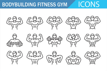 Bodybuilding fitness gym line icons set with muscular athlete poses for workout, training, strength and sports vector illustration