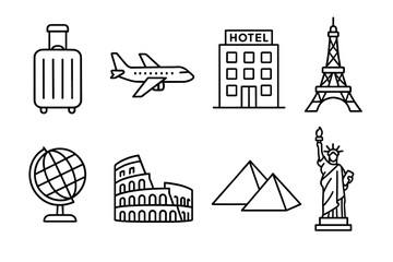 Fototapeta premium Travel icons: luggage, airplane, hotel, eiffel tower, globe, colosseum, pyramids, statue of liberty