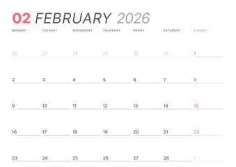 February 2026 monthly planner calendar template. Clean, minimalist vector illustration for web, print. Modern, simple schedule organizer, printable datebook for business and personal use