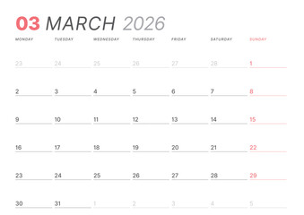 March 2026 monthly planner calendar template. Clean, minimalist vector illustration for web, print. Modern, simple schedule organizer, printable datebook page for business and personal use