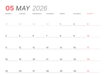 May 2026 monthly planner calendar template. Clean, minimalist vector illustration for web, print. Modern, simple schedule organizer, printable datebook page for business and personal use