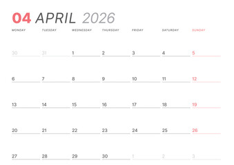 April 2026 monthly planner calendar template. Clean, minimalist vector illustration for web, print. Modern, simple schedule organizer, printable datebook page for business and personal use
