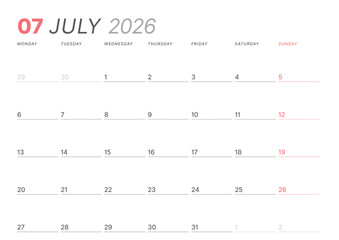 July 2026 monthly planner calendar template. Clean, minimalist vector illustration for web, print. Modern, simple schedule organizer, printable datebook page for business and personal use