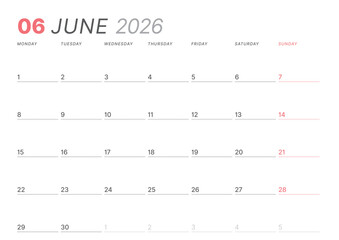 June 2026 monthly planner calendar template. Clean, minimalist vector illustration for web, print. Modern, simple schedule organizer, printable datebook page for business and personal use