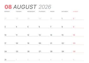 August 2026 monthly planner calendar template. Clean, minimalist vector illustration for web, print. Modern, simple schedule organizer, printable datebook page for business and personal use