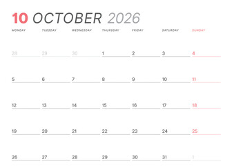 October 2026 monthly planner calendar template. Clean, minimalist vector illustration for web, print. Modern, simple schedule organizer, printable datebook page for business and personal use