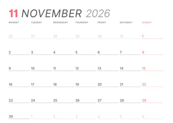 November 2026 monthly planner calendar template. Clean, minimalist vector illustration for web, print. Modern, simple schedule organizer, printable datebook page for business and personal use