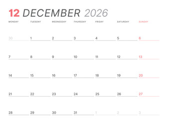 December 2026 monthly planner calendar template. Clean, minimalist vector illustration for web, print. Modern, simple schedule organizer, printable datebook page for business and personal use