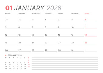 January 2026 monthly planner calendar template, week starts on Monday. Minimalist vector illustration for web, print. Modern, simple schedule organizer, printable page for business and personal use