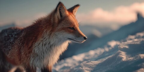 Obraz premium Serene Red Fox in Snowy Mountain Sunset Landscape