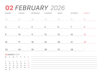 February 2026 monthly planner calendar template, week starts on Monday. Minimalist vector illustration for web, print. Modern, simple schedule organizer, printable page for business and personal use