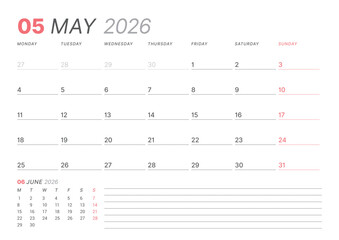 May 2026 monthly planner calendar template, week starts on Monday. Minimalist vector illustration for web, print. Modern, simple schedule organizer, printable page for business and personal use