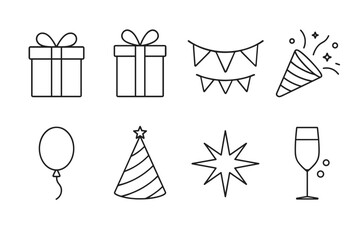 Celebration icons: gifts, decorations, party hats, and drinks