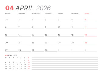 April 2026 monthly planner calendar template, week starts on Monday. Minimalist vector illustration for web, print. Modern, simple schedule organizer, printable page for business and personal use