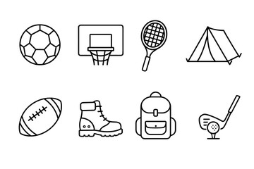 Icons of sports equipment and outdoor gear with soccer, basketball, tennis, and camping
