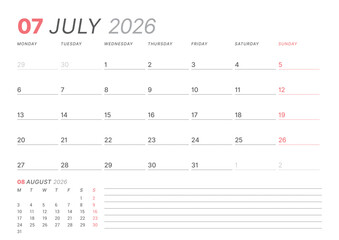 July 2026 monthly planner calendar template, week starts on Monday. Minimalist vector illustration for web, print. Modern, simple schedule organizer, printable page for business and personal use