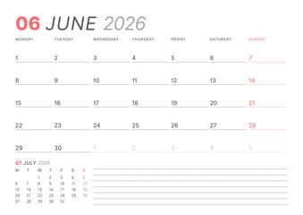 June 2026 monthly planner calendar template, week starts on Monday. Minimalist vector illustration for web, print. Modern, simple schedule organizer, printable page for business and personal use