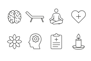 Set of mental health and wellness icons featuring brain, therapy, meditation, heart, and candle