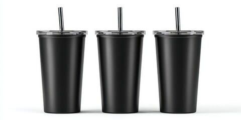 Set of Black Stainless Steel Travel Tumblers with Straws for Hot and Cold Drinks