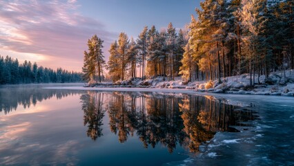 Winter Forest Lake with Ice and Reflections