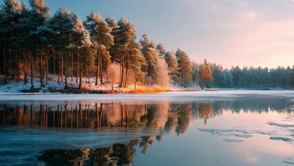 Frozen Lake at Sunrise in Pine Forest