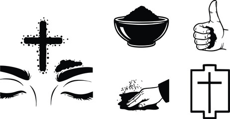 Line art icon set showing ash cross for ash wednesday on forehead with closed eyes and hand applying ashes bowl bible and thumb approval vector icons