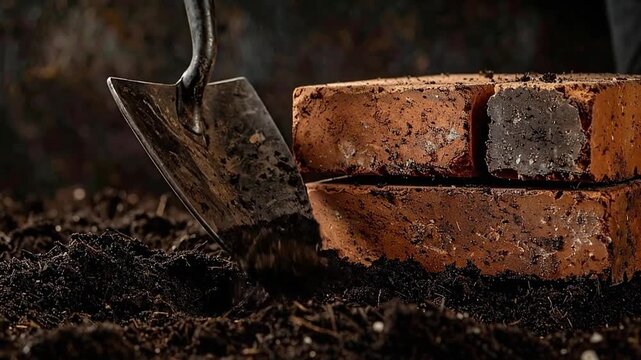 Close-up of a metal trowel and two weathered red bricks stacked on dark, fertile soil, concept of construction or gardening