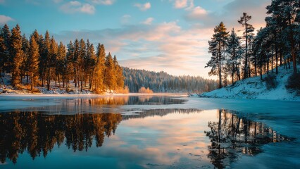 Winter Morning Light over Icy Lake