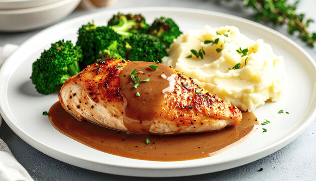 Chicken breast with a brown gravy, served with roasted broccoli and mashed potatoes. AI