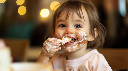 A joyful toddler, face and hands covered in delicious cream, eagerly eats a piece of cake. Bokeh lights blur in the background, accentuating the sweetness of a memorable day of fun.