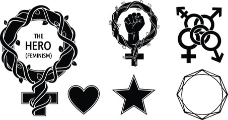 Grunge stamp feminist emblem set with female raised fist badge heart star gender rings and decorative frame black silhouette vector icons front view isolated high contrast