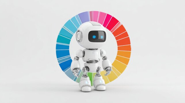 3D AI Robot with Color Wheel. Simple color selection concept for design apps and banners. Isolated on white. 3D render.