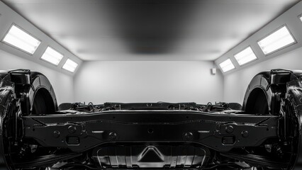 Car undercarriage on lift in well-lit garage — ideal for automotive maintenance, undercoating service and vehicle protection content.