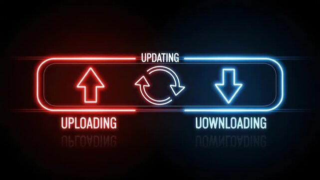 Neon upload download and update icons with text on dark background motion animated video.