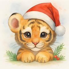 Tiger mit Weihnachtsm&uuml;tze Design - Winter TIer Illustration - Tiger Weihnachts Wallpaper