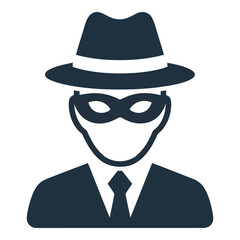 Anonymous spy wearing hat and tie, masked face, security concept.