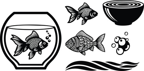 Line art close up goldfish in fish bowl with jumping fish decorative waves and bubble accents isolated black and white vector illustration with ornate scales view