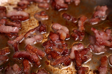 close-up of sizzling bacon pieces frying in hot grease, displaying rich golden brown and red tones with visible bubbles, capturing the essence of cooking aroma and texture, greasy, taste, enticing