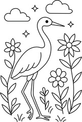 Fototapeta premium A Simple, Charming Line Art Drawing of a Bird in a Field of Daisies and Flowers