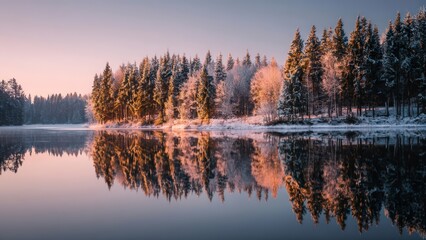 Snowy Forest Lake at Sunrise