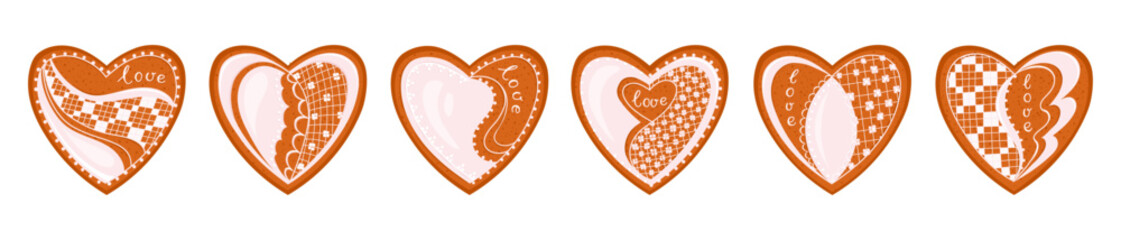 Hand Drawn Valentine gingerbread hearts decorated with icing, lace textures and warm festive details Cozy vector set for holiday card, packaging, print and seasonal designs Sweet romantic illustration