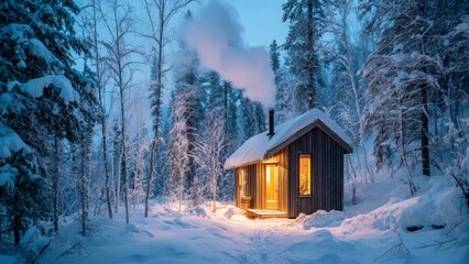Snow Covered Cabin with Glowing Windows